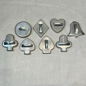 Vtg SET Aluminum Cookie Cutter w/ Handle Metal Bell Heart Diamond Spade Club Clo